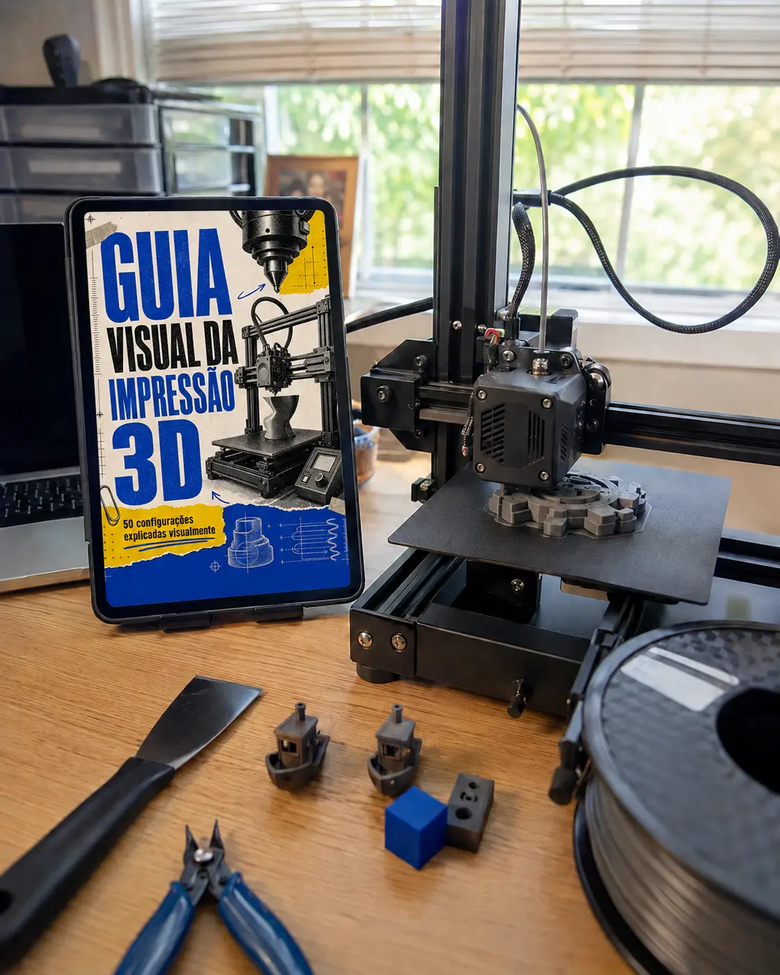 Guia visual da Impressão 3D sendo utilizado ao lado de uma impressora 3D